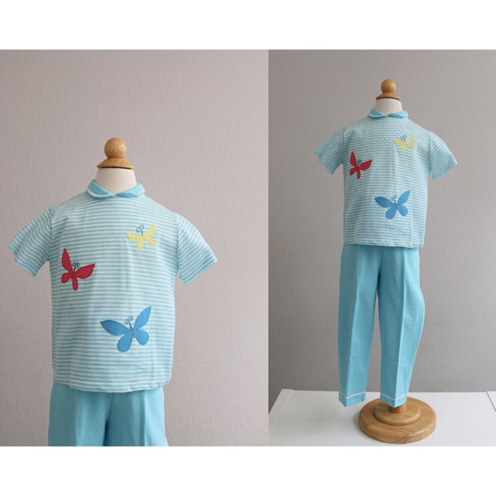 New Old Stock, 1950's Wonderalls Teal Blue Spring Pants & Shirt Set Kid's 5/6 XS